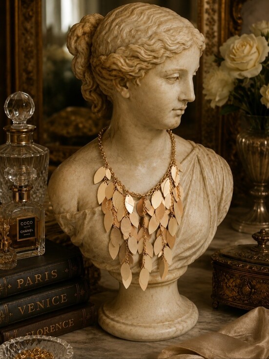 Vintage Jewelry - Vintage 80s Gold Tone Cascading Leaf Statement Bib Necklace Matte Leaf Fringe
